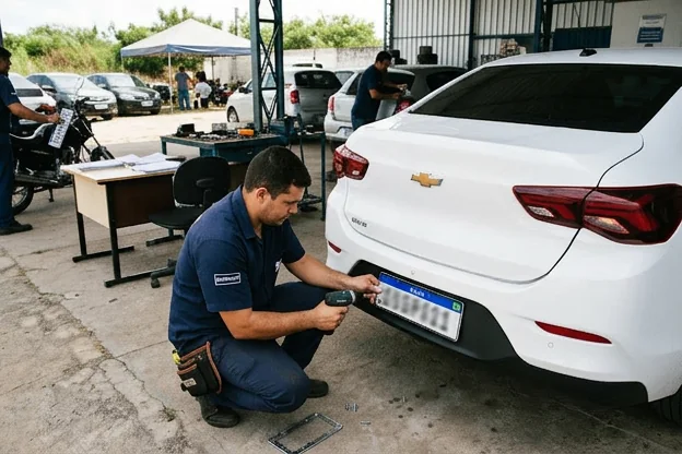 Processo de emplacamento de veículos sendo realizado no O Polo Despachante, em Petrolina.
